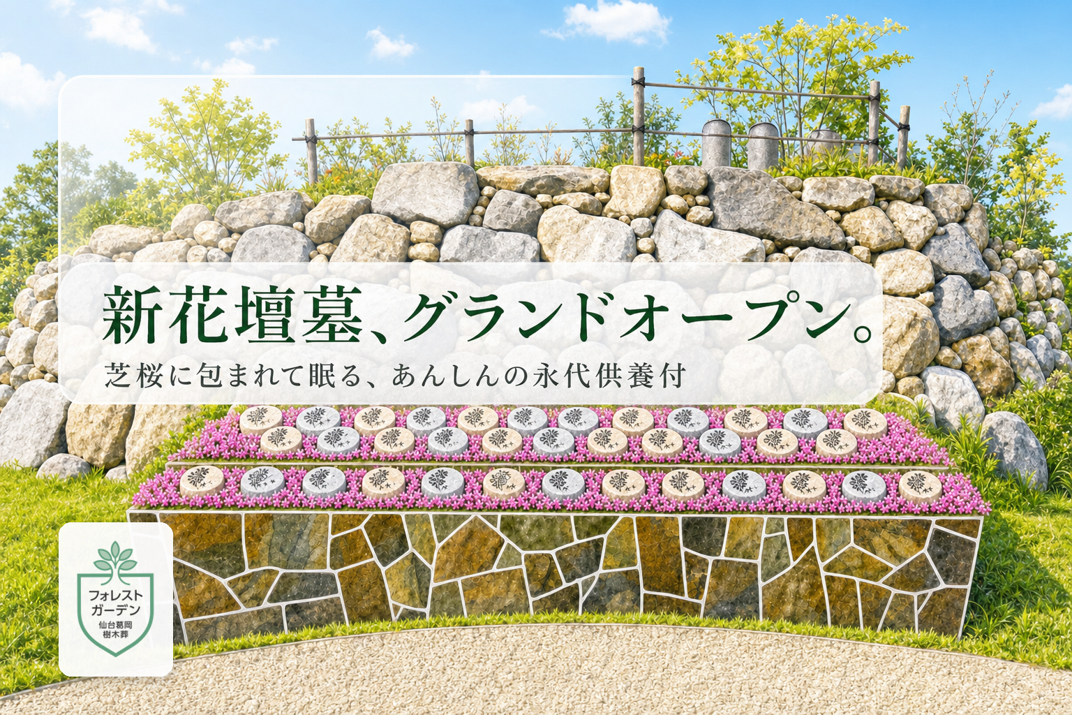仙台葛岡樹木葬フォレストガーデン 新花壇墓グランドオープン 芝桜に包まれる永代供養付