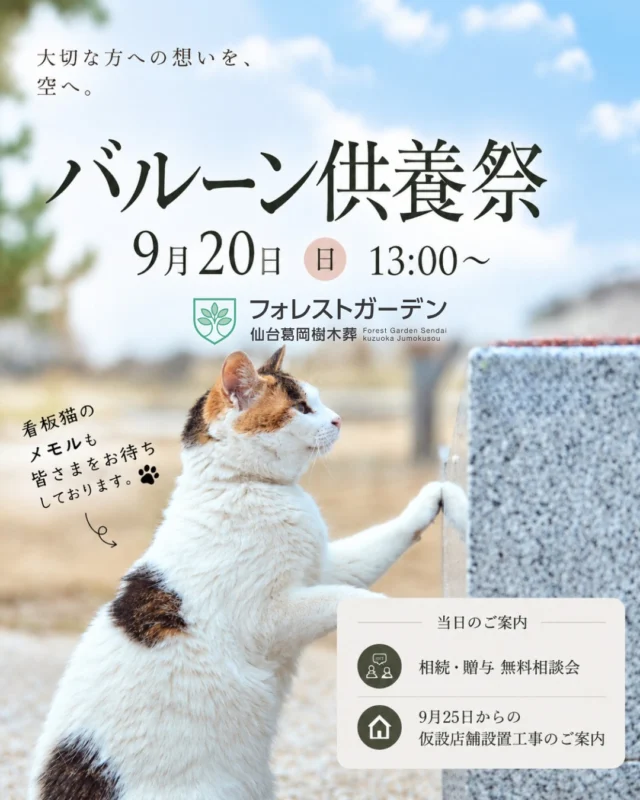 【バルーン供養祭 開催のお知らせ】  9月20日（日）13:00より、
フォレストガーデン仙台葛岡樹木葬にて**「バルーン供養祭」**を開催いたします。  当日は、ご住職様のお勤めのもと、皆さまで手を合わせて故人様を偲びます。  その後、大切な方への想いをメッセージに込め、バルーンとともに空へ届けます。  ご家族それぞれの想いを大切にしながら、大切な方を想う時間を過ごしていただければと思います。  また当日は、あわせて下記のご案内も行います。  ■ 相続・贈与 無料相談会
相続やご家族への贈与など、気になることがございましたらお気軽にご相談ください。  ■ 仮設店舗への移設に関するご案内
9月25日から予定している仮設店舗設置工事・移設についてもご案内いたします。  【日時】
9月20日（日）13:00〜  【会場】
フォレストガーデン仙台葛岡樹木葬  参加費無料・事前予約不要です。  なお、当日は多くの方のご来苑が予想され、駐車場が大変混み合う可能性がございます。
可能な方は、お車の乗り合わせや公共交通機関のご利用にご協力をお願いいたします。  お車でお越しの際は、当日の誘導スタッフの案内に従って駐車をお願いいたします。  皆さまに安心して故人様を偲んでいただける供養祭となるよう準備を進めております。
円滑な開催のため、皆さまのご理解とご協力をお願いいたします。  看板猫のメモルも、皆さまをお待ちしております。  #フォレストガーデン
#仙台葛岡樹木葬
#バルーン供養祭
#秋彼岸
#相続相談